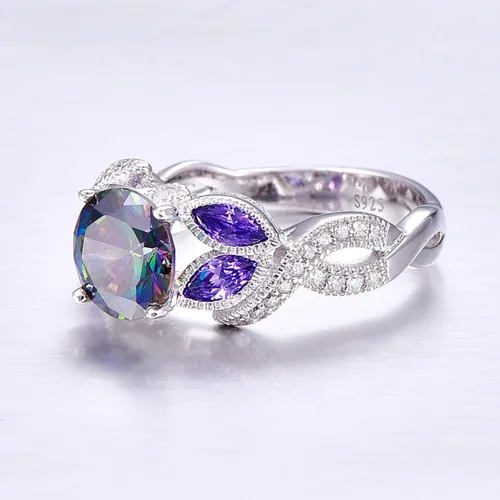 Vista 4 de Anillo de compromiso de plata de ley 925 de 3.6 quilates para mujer, topacio arcoíris zafiro aguamarina Anillo de compromiso para mujer