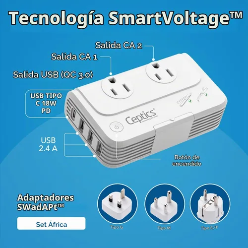 Vista 2 de Ceptics Convertidor de voltaje de Sudáfrica - Convertidor de 200 W de 220 V a 110 V para dispositivos como rizador, alisador, cargadores, enchufe