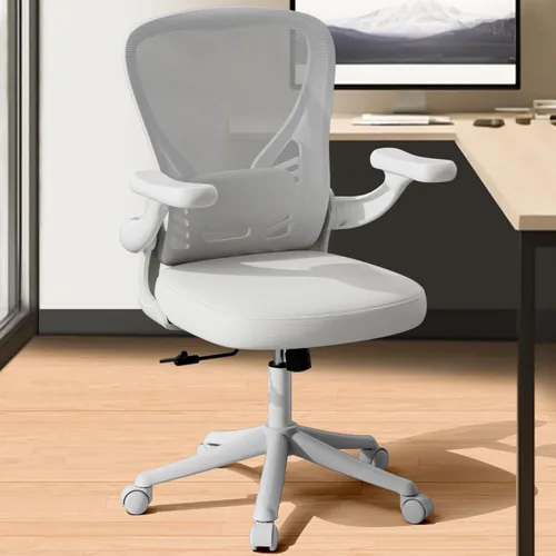 Vista 7 de Ollega Silla de escritorio para computadora con ruedas, silla de oficina de malla con brazos abatibles, soporte lumbar ajustable, silla de Blanco
