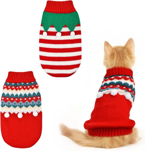 Vista 7 de 2 piezas de suéter de Navidad para cachorros, ropa de cuello alto de punto para gatos, disfraces de elfo de Navidad, ropa cálida para perros, suéter
