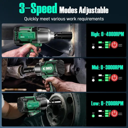 Vista 5 de KIMO Impact Wrench 1/2 Inch, 890Ft-Lbs(1200N.m), 4000RPM Brushless Motor High Torque Impact Driver with 4.0Ah Battery, 3 Modes, Variable Speeds, LED