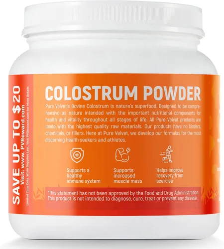 Vista 6 de Pure Velvet Polvo de calostro para la salud intestinal, hinchazón, crecimiento del cabello, apoyo inmunológico, proteína de calostro de origen