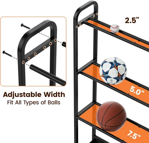 Vista 4 de Estante de baloncesto ajustable con ruedas, carrito de almacenamiento de pelotas deportivas de 4 niveles para baloncesto, fútbol, voleibol, fútbol