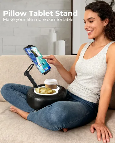 Vista 2 de Soporte de almohada para tableta con forro de almacenamiento, cuero sintético, soporte estable para dispositivos de 6.1 a 15.6 pulgadas, impermeable