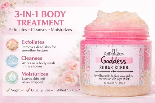 Vista 3 de Bella & Bear Goddess Sugar Scrub - Exfoliante 3 en 1, exfoliante corporal y gel de baño Vegano, felicidad libre de crueldad para una piel sedosa