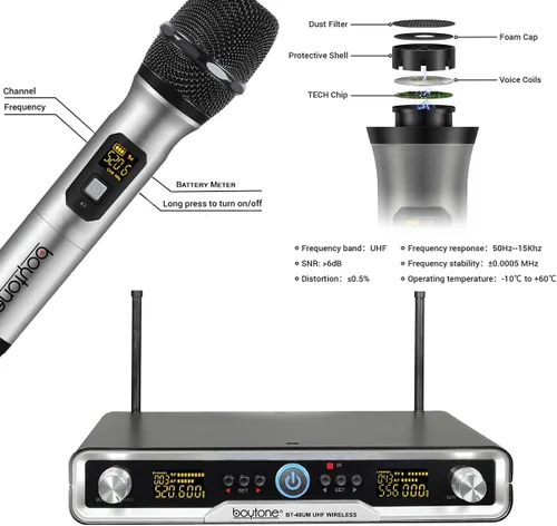 Vista 5 de Boytone BT-48UM - Micrófono inalámbrico de 100 canales, doble metal profesional UHF inalámbrico micrófono dinámico inalámbrico Sistema de micrófono