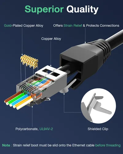 Vista 2 de VCELINK Conector CAT6A, conectores RJ45 pasan a través de CAT6A CAT7 blindado, chapado en oro de 3 clavijas con certificación UL, conector CAT7