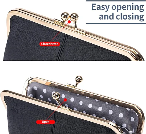 Vista 6 de Vintage Kiss Lock Cartera de cuero genuino para las mujeres múltiples ranuras para tarjetas de viaje bolso de embrague, Negro -, Vintage