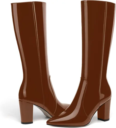 Vista 202 de AMBELIGHT Botas altas hasta la rodilla con cremallera y puntera puntiaguda para mujer, de patente sólida, tacón alto, 3.3 pulgadas