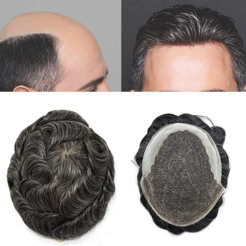 Vista 76 de Mens Toupee Swiss Lace Mens Hair Piece Sistema de reemplazo de cabello para hombres Toupee para hombres Cabello humano nudo blanqueado protesis