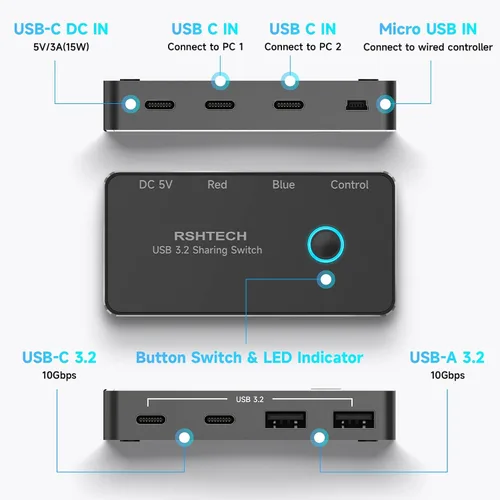 Vista 7 de RSHTECH USB 3.2/USB C Switch 10Gbps 2 ordenadores comparten 4 dispositivos, RSH-A201C Negro