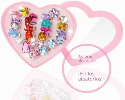 Vista 2 de Hifot 24 anillos ajustables de cristal para niñas, anillos de dedo de joyería de princesa con caja en forma de corazón, anillos de simulación
