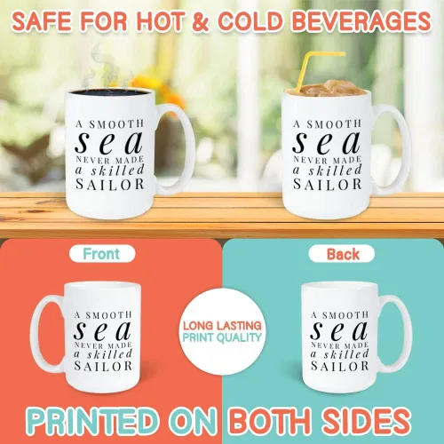 Vista 3 de Sailor - Taza de café de 15 onzas, «A Smooth Sea Never Made a Skilled Sailor»