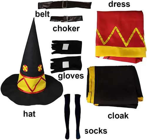 Vista 4 de Smehei Disfraz de cosplay de Megumin Konosuba, traje de megumin, vestido rojo, uniforme completo con sombrero para mujer