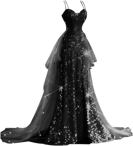 Vista 8 de CWOAPO Vestidos de fiesta de lentejuelas con tirantes delgados para mujer, vestido de baile largo con abertura, vestido formal de sirena con cola