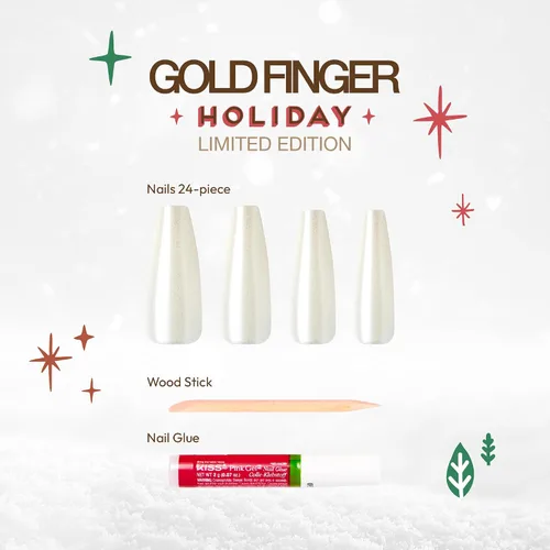 Vista 3 de Gold Finger 24 piezas de uñas postizas festivas – Uñas falsas de ataúd cuadrado, ovaladas, con punta francesa de Navidad, larga duración