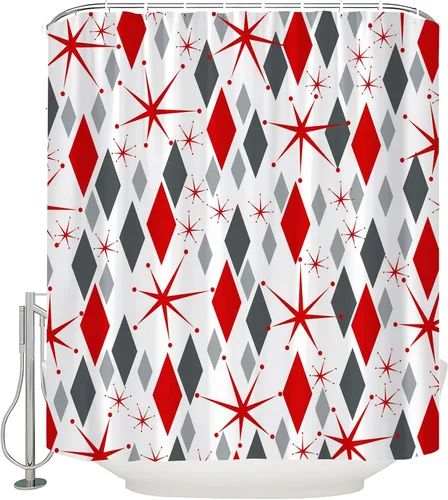 Vista 9 de Mid Century Shower Curtain Modern Blue Grey Abstract Geometric Atomic Vintage 1950s 60s Minimalist Retro Boho Fabric Curtain with Hook