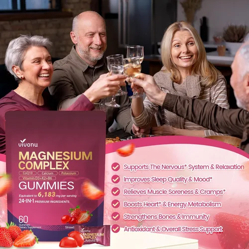 Vista 7 de Complejo de magnesio 14 en 1 para mujeres y hombres, 2600 mg por porción, gomitas de sabor fresa con glicinato de magnesio, CoQ10, vitamina D3 K2