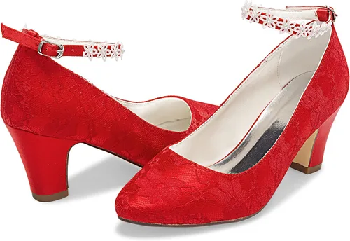 Vista 3 de JIAJIA 62311A - Zapatos de novia para mujer, punta cerrada, tacón grueso, con encaje de satén, zapatos de boda con flores de satén