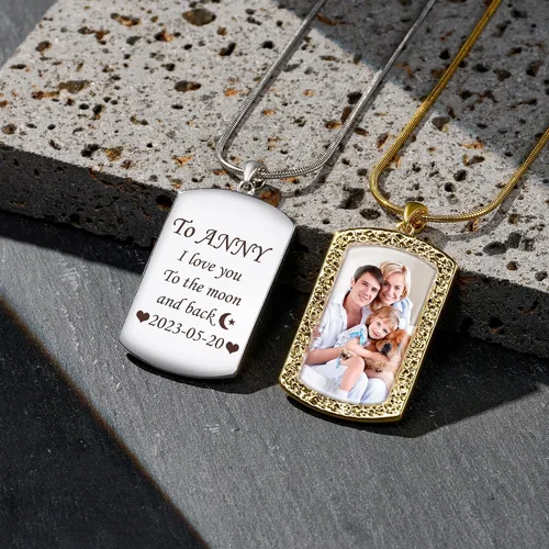 Vista 3 de Fanery Sue Personalized Picture Necklace for Men,Custom Text Jewelry Gift Plata - Collar con placa de identificación simple