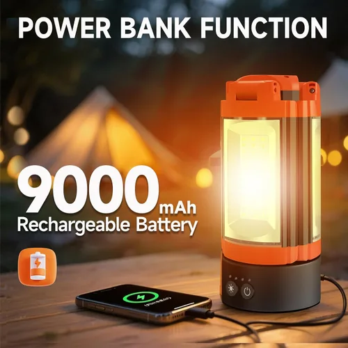 Vista 2 de Luz de campamento recargable con diseño de gancho e imán, luz de trabajo inalámbrica de 9000 mAh con 3 cabezales de lámpara LED, 2200 lúmenes