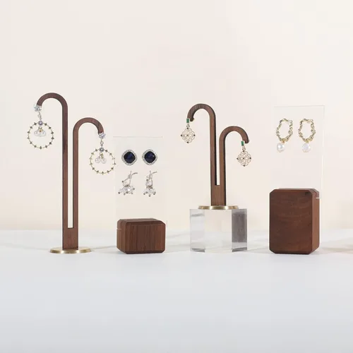 Vista 7 de GemeShou Soportes de exhibición de pendientes de madera de nogal para espectáculos, soporte de aretes acrílico para vender joyas, pequeños soportes