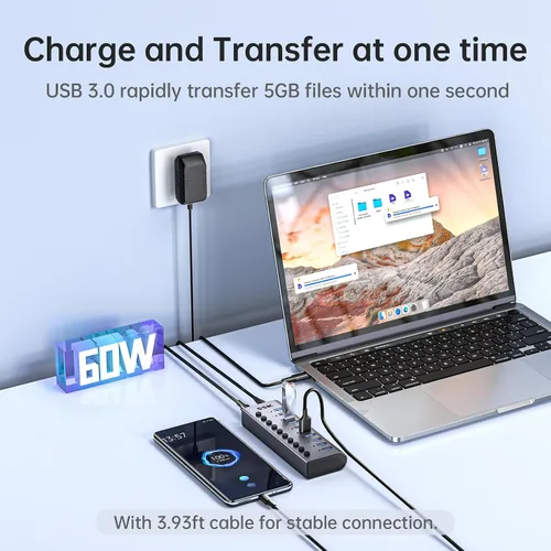 Vista 3 de Hub USB 3.0 alimentado por SSK de 10 puertos, concentrador de carga USB de 60 W Simultaneous Fast Charge,5Gbps Data Transmission,Individual