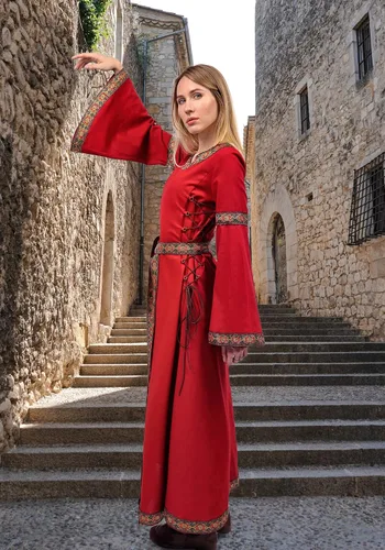 Vista 7 de KUOIN Women's Renaissance Embroidered Dress, Long Sleeve Lace-up Viking Queen Cosplay Costume with Belt for Wedding Prom