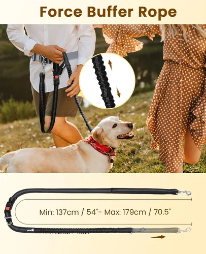 Vista 4 de Pecute Correa para perro manos libres con bolsa, riñonera con almohadillas suaves, asas acolchadas dobles y elástico absorbente de golpes