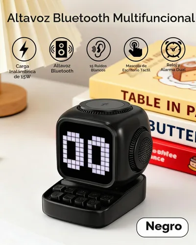Vista 2 de Altavoz Bluetooth 5 en 1 de robot retro: cargador inalámbrico de 15 W, pantalla LED de píxeles, sonido estéreo de 10 W y 15 ruido blanco, reloj Negro