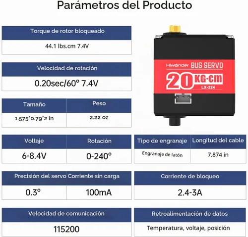 Vista 9 de LX-224 Serial Bus Servo, 3 Conectores 44.1 lbs Gran Torque Doble Rodamiento de Bolas Motor Servo de Metal Completo Equipado con Sistema