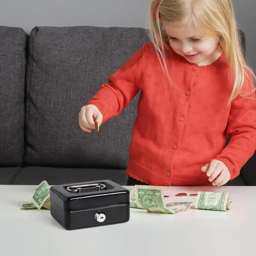 Vista 7 de Caja de dinero pequeña con cerradura y ranura, caja de dinero para efectivo, alcancía para niños, color negro