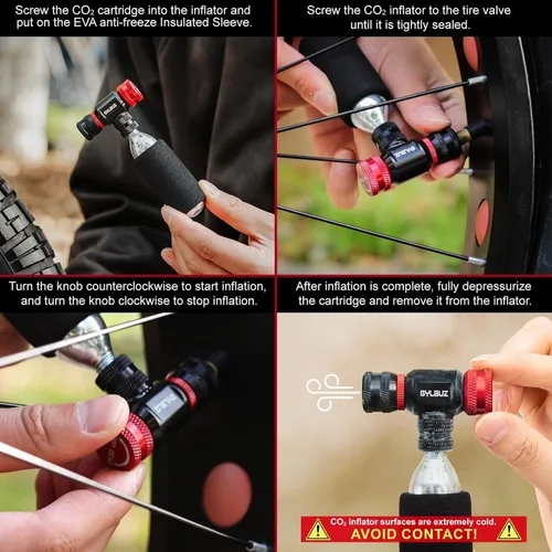 Vista 7 de Inflador de neumáticos de bicicleta de CO2: Bomba de bicicleta portátil de Co2 compatible con válvulas Presta y Schrader con funda aislada