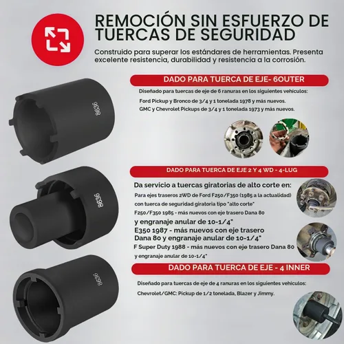 Vista 5 de Kit de herramientas de enchufe de tuerca de husillo, 5 piezas de eje de bloqueo de tuerca de bloqueo de eje conjunto de 1/2 pulgada para Ford Dana