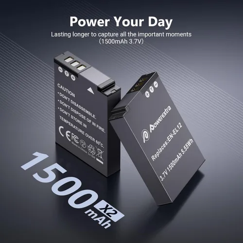 Vista 2 de Powerextra EN-EL12 Batería y cargador 2 unidades compatibles con Nikon Coolpix A1000, B600, Coolpix AW130, A900, W300, S1200pj, S9900, S9500, S9300