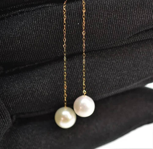 Vista 2 de Solid 18KT Gold Genuine Freshwater Pearl Threader Earrings for Women