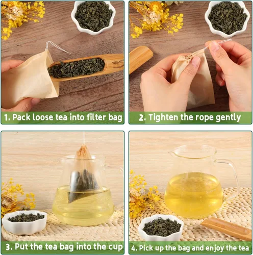 Vista 4 de 200 bolsas de té de hojas sueltas, bolsas de filtro de té desechables con cordón Bolsas de té sin blanquear para té y café sueltos
