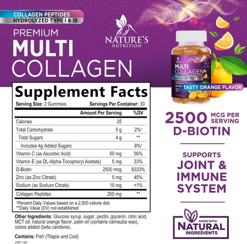 Vista 2 de Gomitas de colágeno – Crecimiento del cabello y apoyo inmunológico, suplemento para la piel y las uñas – 2500 mcg de biotina por porción – Multi