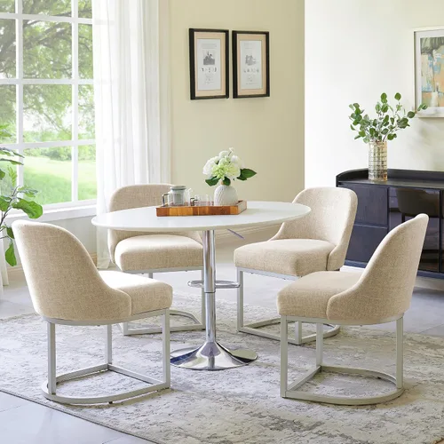 Vista 39 de Leick Home 214536 Barrelback Silla de comedor con base de metal, juego de 2, para comedor, asiento moderno de lino negro y base de metal dorado