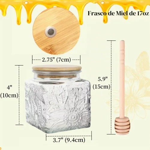 Vista 2 de ANSQU Tarro de Miel, Frasco de Miel de Vidrio Hermético con Tapa de Bambú y Palito Sumergidor, Recipiente de Miel para Almacenar Jarabe Mermelada