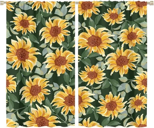 Vista 25 de Cortinas opacas de girasol, diseño natural, de granja, floral, con bolsillo para barra, para ventana, para dormitorio, sala de estar, 42 x 45