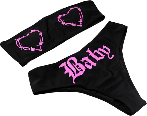 Vista 3 de JUMISEE Conjunto de bikini gótico con estampado de letras de calavera para mujer, traje de baño de 2 piezas de cintura alta