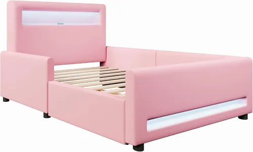 Vista 6 de Base de cama tapizada de tamaño individual con cajón de almacenamiento y cabecera de estante, cama suave de piel sintética con luz LED, carga USB