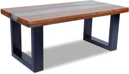 Vista 7 de vidaXL Mesa de centro de madera maciza de teca y mango hecha a mano con decoración de resina transparente, estilo industrial, multicolor, 39.4 x