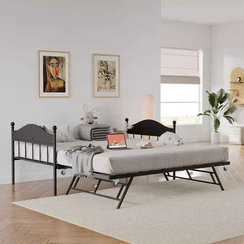 Vista 2 de IDEALHOUSE Sofá cama individual de metal con nido desplegable, cama de plataforma de listones de acero resistente con cabecera elegante, marco