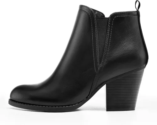 Vista 4 de mysoft Botines de tobillo para mujer con corte en V, panel elástico lateral, tacón grueso apilado con cremallera lateral V Cut Side Elastic Panel