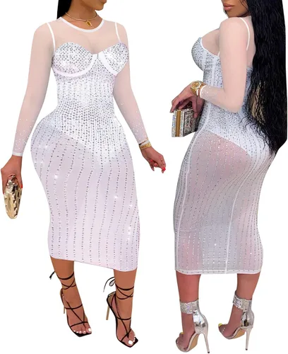 Vista 3 de PORRCEY - Vestido de noche sexy con manga larga y diamantes de imitación para mujer, fiestas y discotecas