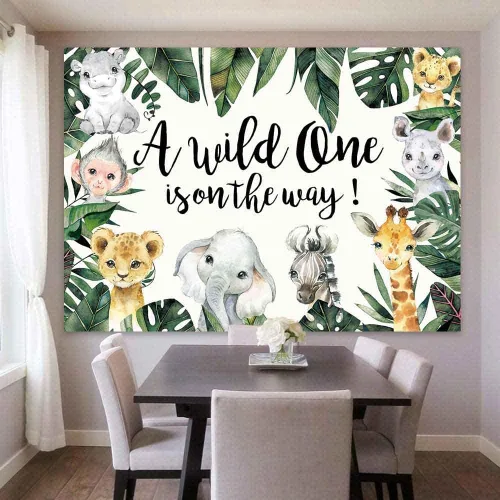 Vista 2 de Wild One - Telón de fondo para baby shower, decoración de fondo de fiesta de safari en la selva, vegetación tropical, animales de zoológico, niños