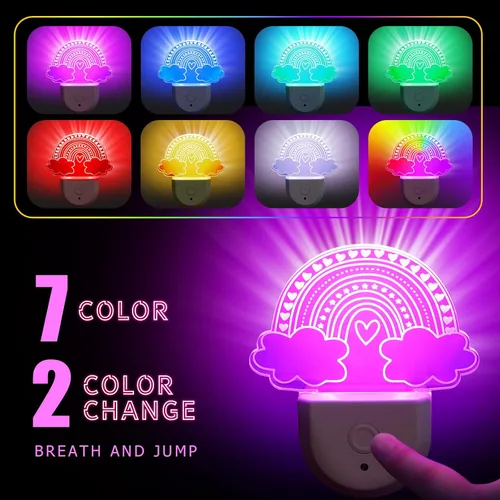 Vista 3 de Rossesay 2 luces nocturnas arcoíris para niños, enchufables a la pared, 8 colores cambiantes, luz nocturna arcoíris con sensor de atardecer a