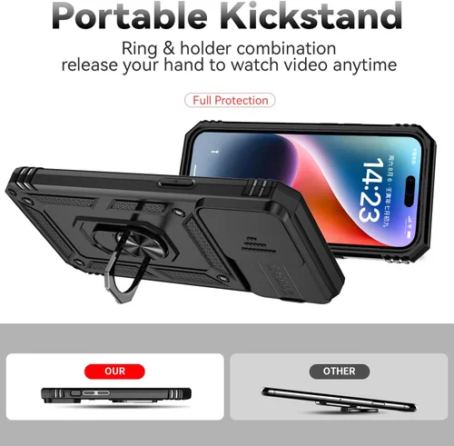 Vista 9 de Funda compatible con iPhone 15 Pro, iPhone 15 Pro con funda para cámara y soporte, grado militar, a prueba de golpes, resistente, con soporte